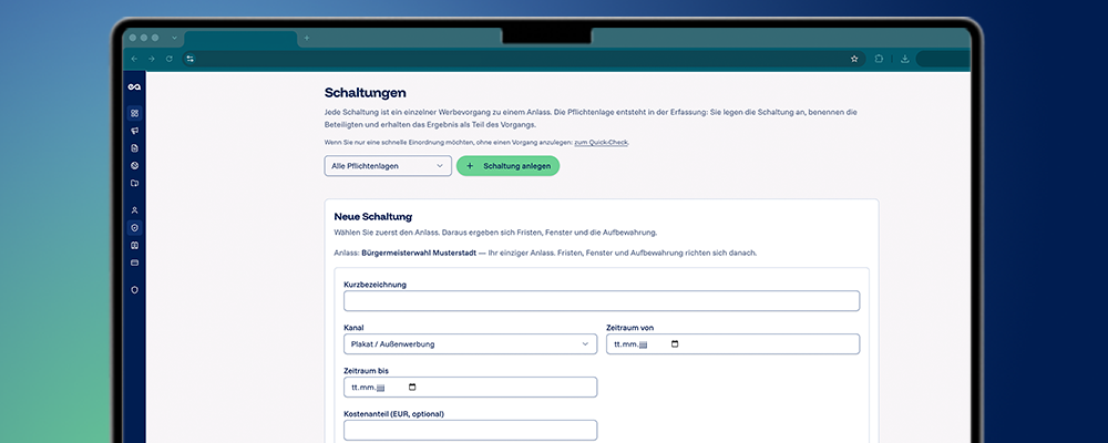 Bildschirmfoto von easyttpa: die Seite Schaltungen mit Formular zur Einstufung einer politischen Werbemaßnahme