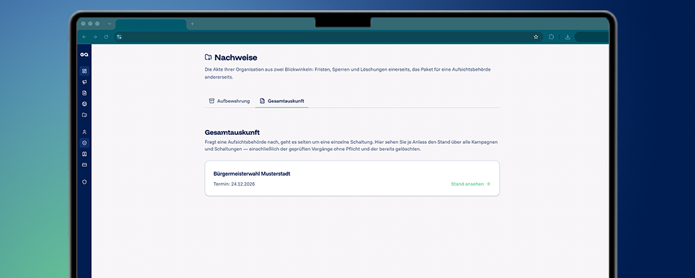 Bildschirmfoto von easyttpa: Gesamtauskunft mit Aufbewahrung, Kampagnen und Schaltungen auf einen Blick