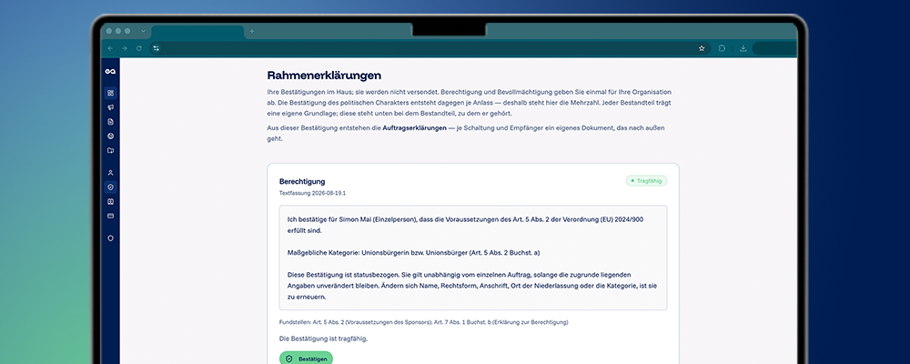 Bildschirmfoto von easyttpa: die Seite Rahmenerklärungen mit Berechtigung, Bestätigung und tragbarem Erklärungsdokument