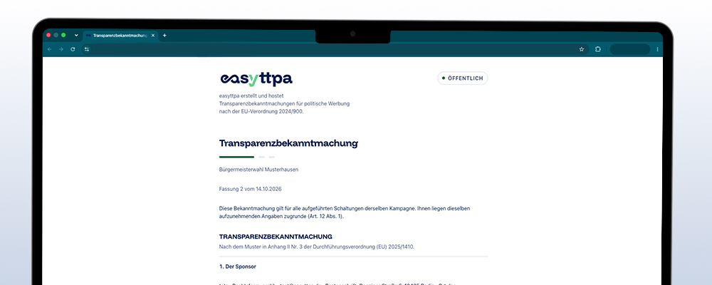 Bildschirmfoto von easyttpa: die öffentliche Seite einer Transparenzbekanntmachung mit Kampagne, Fassung und den Angaben nach Anhang II Nr. 3