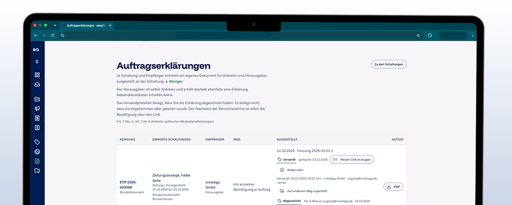 Bildschirmfoto von easyttpa: die Seite Auftragserklärungen mit Kennung, Empfänger, Weg und Versandprotokoll