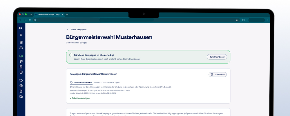 Bildschirmfoto von easyttpa: die Kampagnenseite mit gemeinsamem Budget, Fristenfenster und Erledigt-Hinweis