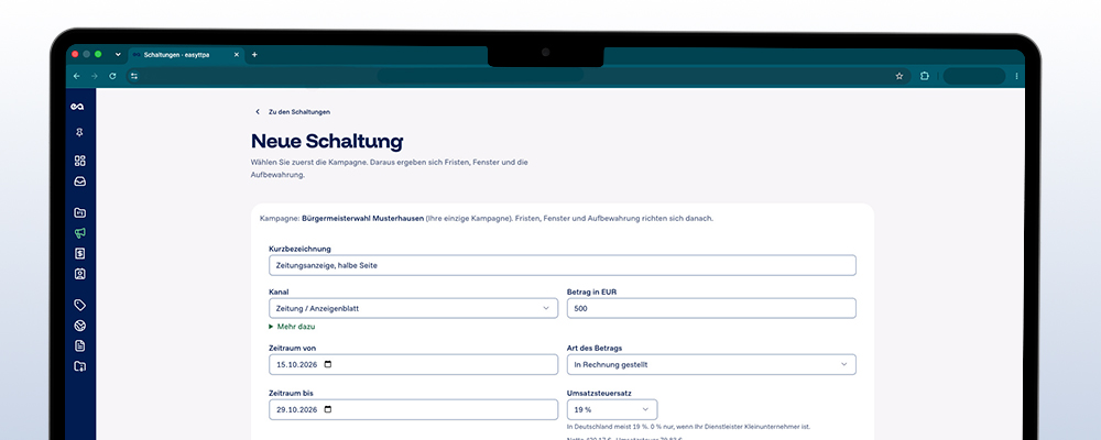 Bildschirmfoto von easyttpa: das Formular „Neue Schaltung“ mit Kurzbezeichnung, Kanal, Betrag und Zeitraum