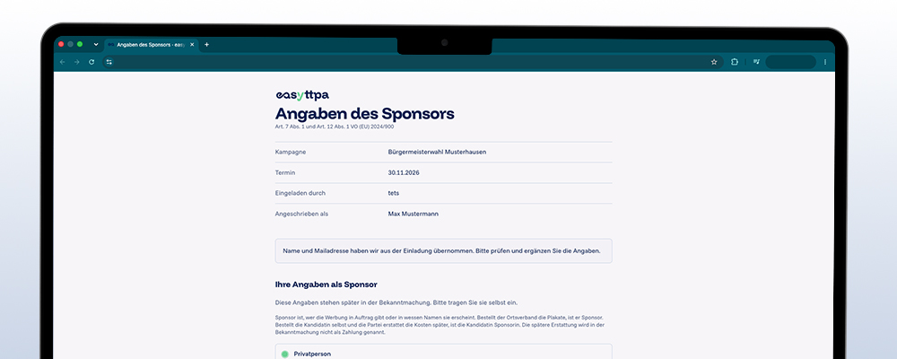 Bildschirmfoto von easyttpa: die Seite „Angaben des Sponsors“ mit Kampagne, Termin, Einladung und dem Abschnitt „Ihre Angaben als Sponsor“