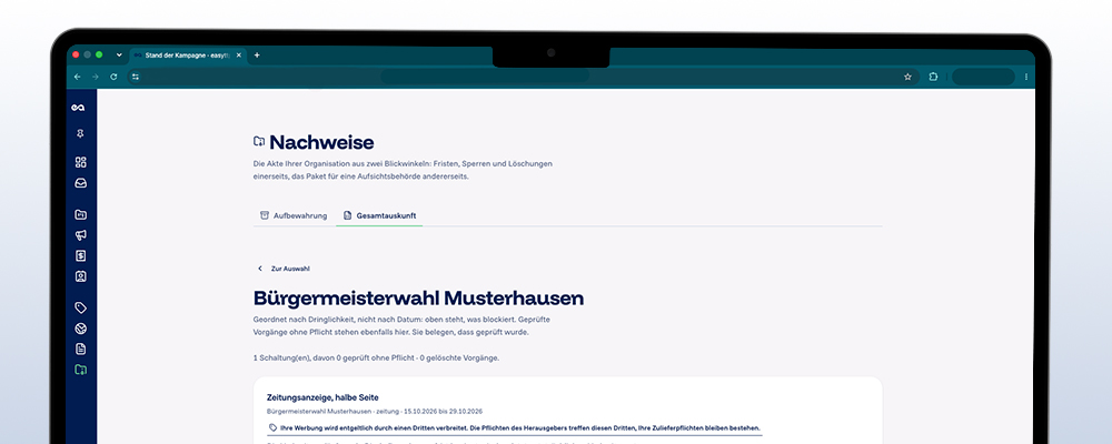 Bildschirmfoto von easyttpa: die Seite Nachweise mit der Gesamtauskunft zur Kampagne Bürgermeisterwahl Musterhausen