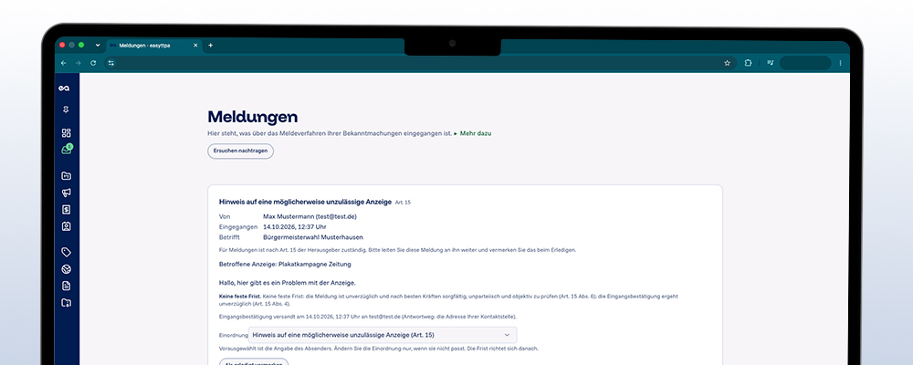 Bildschirmfoto von easyttpa: die Seite „Meldungen“ mit der eingegangenen Meldung „Hinweis auf eine möglicherweise unzulässige Anzeige (Art. 15)“, Absender, Eingangszeitpunkt, betroffener Anzeige und Einordnung