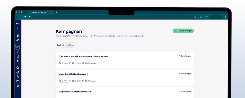 Bildschirmfoto von easyttpa: die Seite Kampagnen mit dem Umschalter „Laufend“ und „Archiviert“ sowie den Einträgen „Erika Musterfrau, Bürgermeisterwahl Musterhausen“ und „Musterkandidat Landtagswahl“