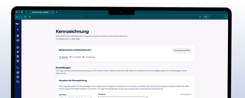 Bildschirmfoto von easyttpa: die Seite Kennzeichnung mit Kampagne, Sponsor und den Einstellungen für Schriftart und Vorschau