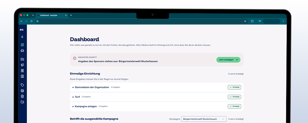 Bildschirmfoto von easyttpa: das Dashboard mit dem nächsten Schritt „Angaben des Sponsors stehen aus: Bürgermeisterwahl Musterhausen“ und der einmaligen Einrichtung
