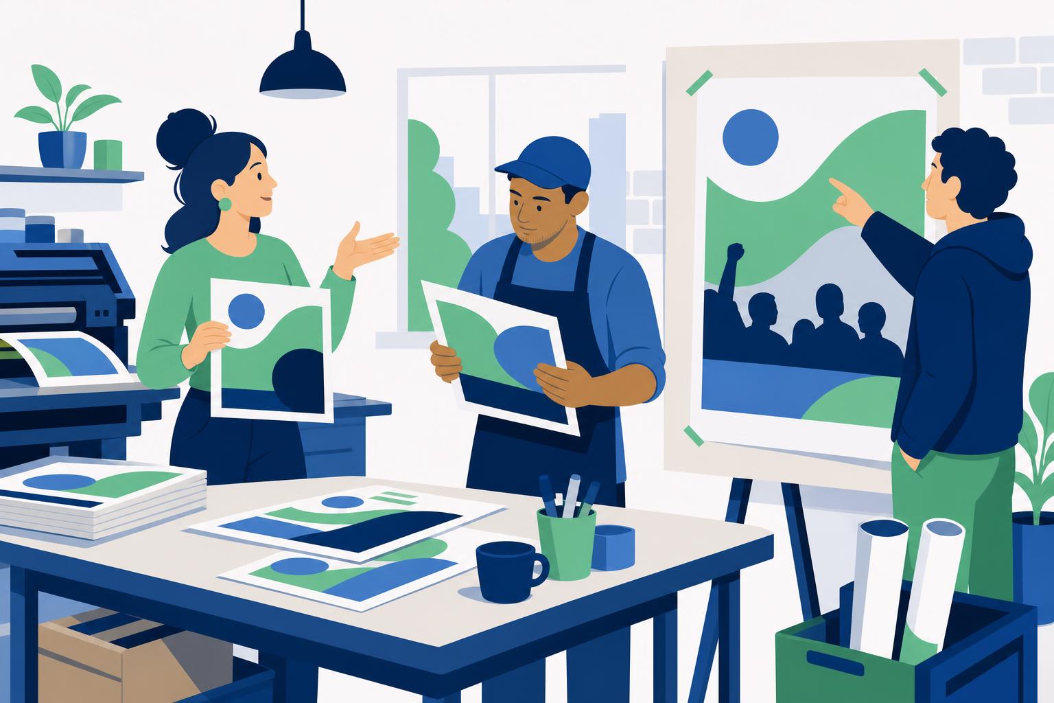 Illustration: Drei Personen besprechen einen politischen Flyer und prüfen Druckmuster sowie einen Plakatentwurf.