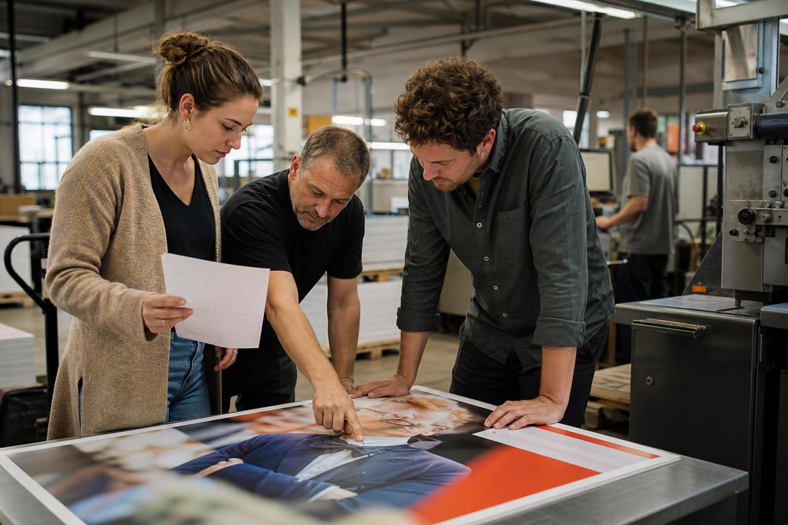 Drei Personen prüfen in einer Druckerei einen politischen Plakatentwurf und die zugehörigen Transparenzangaben.