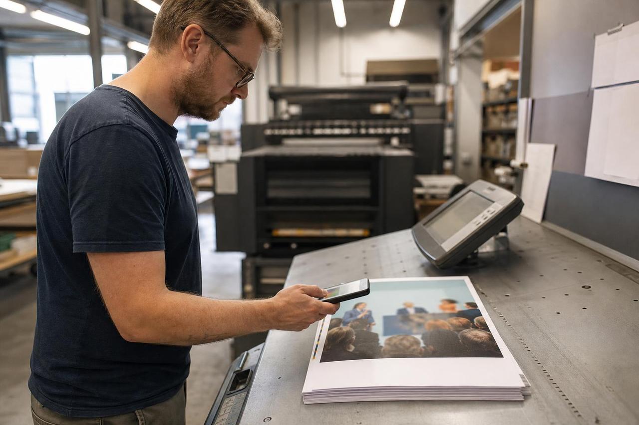 Eine Druckereimitarbeiterin testet mit dem Smartphone den Zugang zur Transparenzbekanntmachung auf einem Flyer.