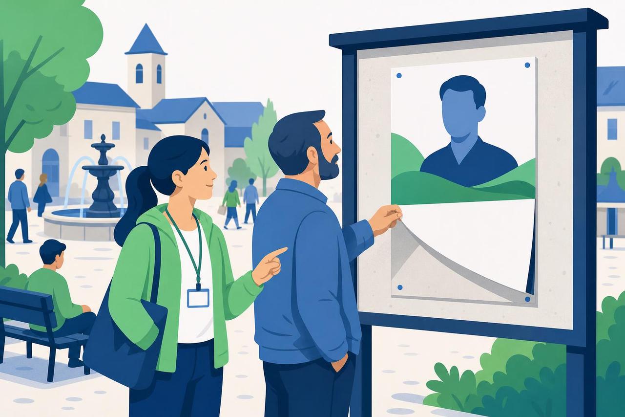 Illustration: Eine Ehrenamtliche und ein Bürger prüfen den Hinweisbereich eines Wahlplakats auf dem Marktplatz.