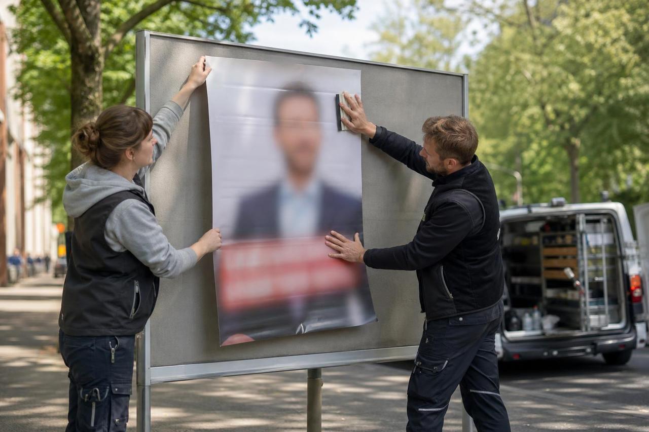 Zwei Beschäftigte eines Außenwerbers bringen ein politisches Plakat an einer Werbetafel an.
