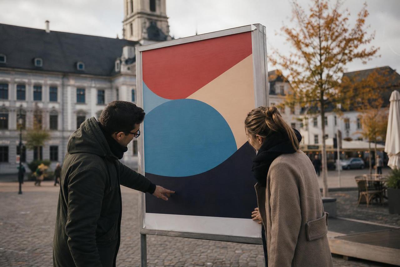 Zwei Ehrenamtliche kontrollieren den Hinweisbereich eines Wahlplakats auf einem Marktplatz.