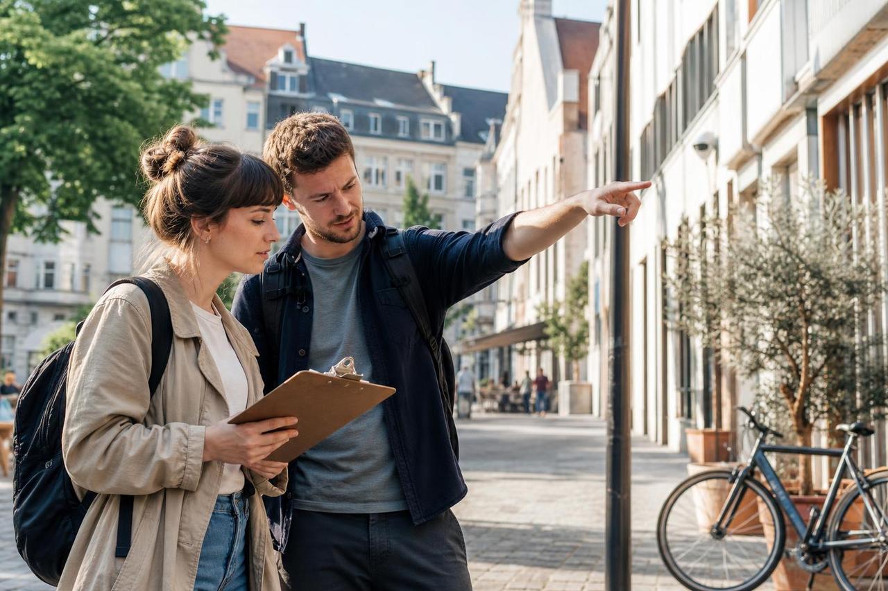Zwei Ehrenamtliche gleichen auf einem Marktplatz geplante Plakatstandorte mit ihrem Zeitplan ab.