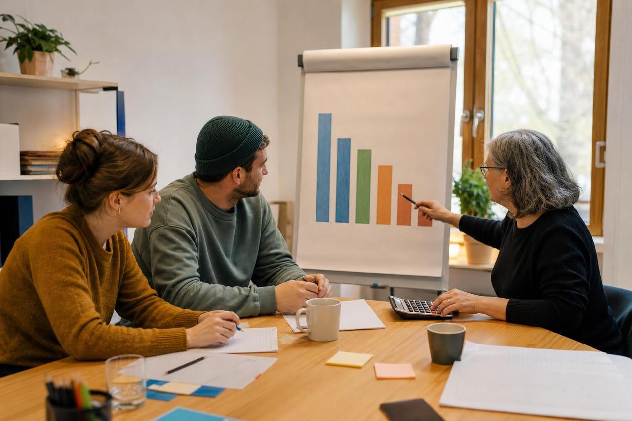 Ein Schatzmeister erläutert zwei Kampagnenverantwortlichen ein Budgetdiagramm und rechnet mit einem Taschenrechner.