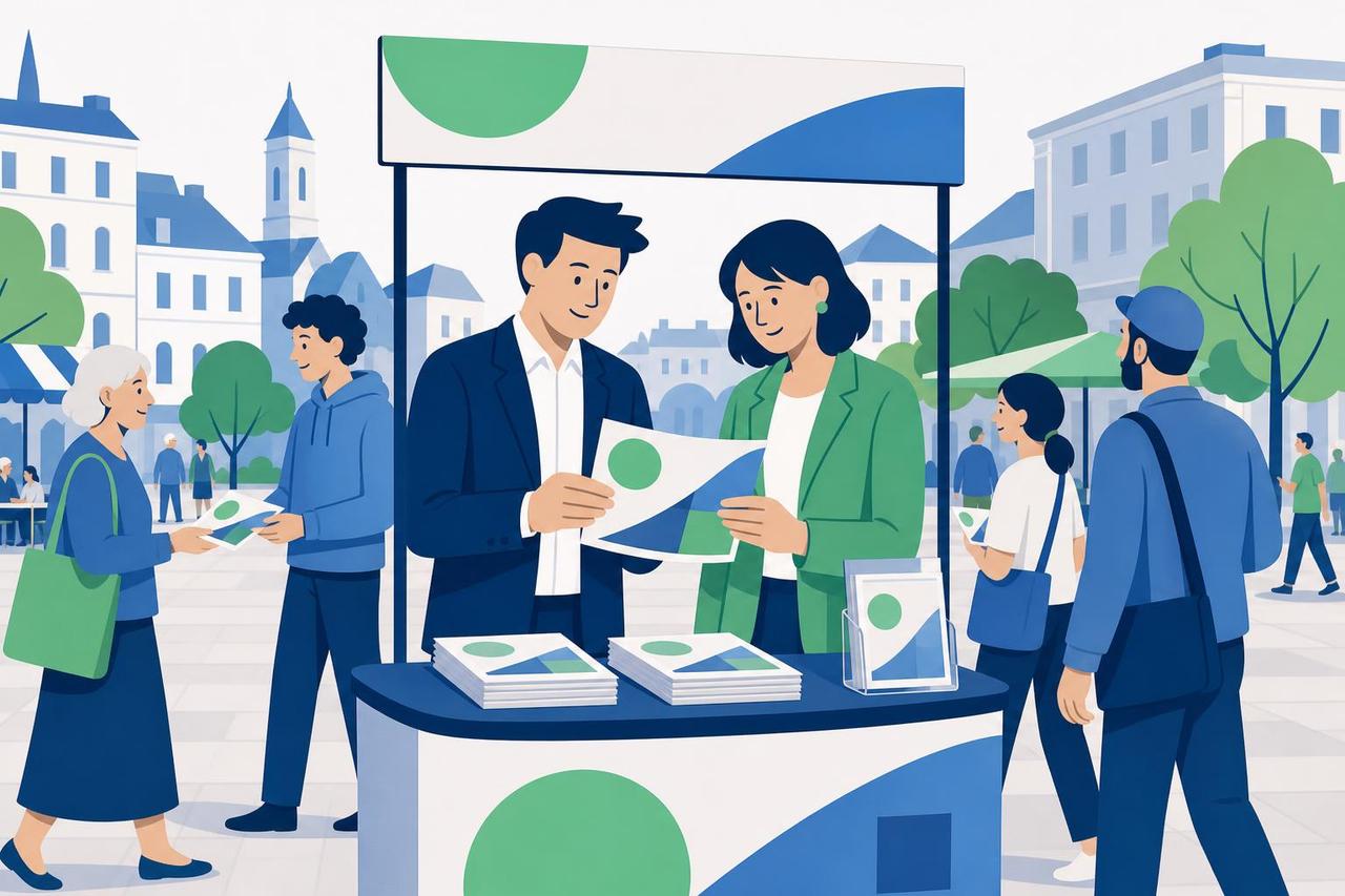 Illustration: Eine Kandidatin und ein Werbedienstleister prüfen an einem Infostand gemeinsam einen Flyer vor der Verteilung.