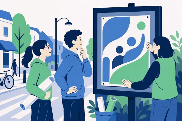 Illustration: Zwei Wahlkampfhelfer warten mit dem Aufhängen eines Plakats, während eine Koordinatorin den Entwurf prüft.