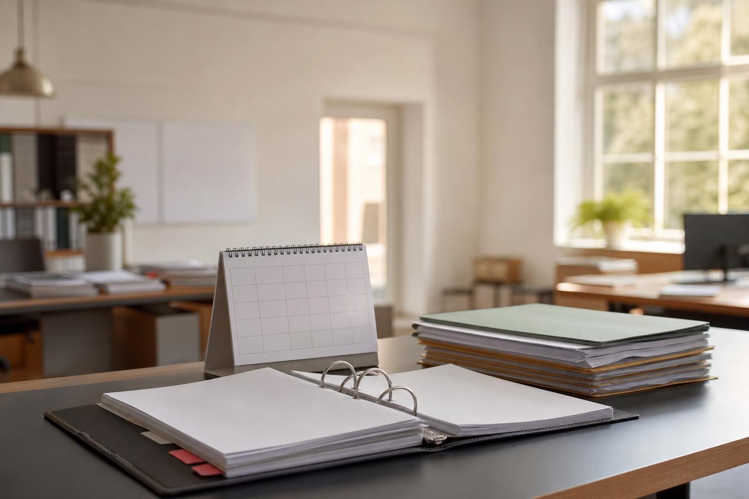 Aufgeschlagener Aktenordner, Kalender und Dokumentenstapel auf einem Schreibtisch im Rathaus