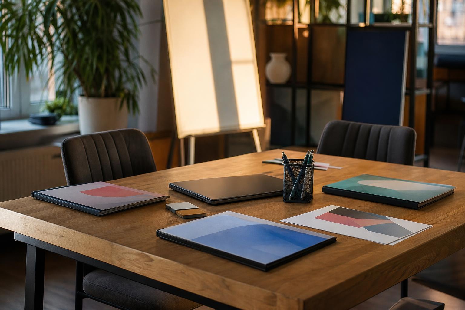 Besprechungstisch mit drei Arbeitsplätzen, Ordnern, Anzeigenentwürfen und geschlossenem Laptop