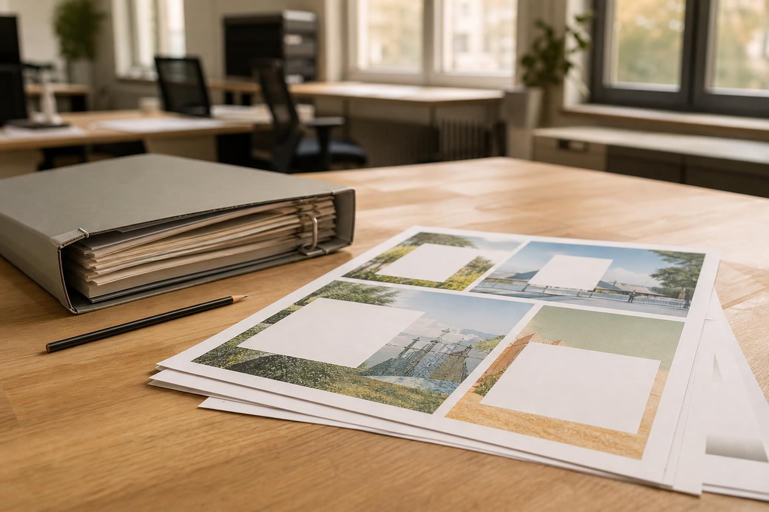 Anzeigenentwürfe mit abgesetzten Informationsfeldern neben einem Archivordner und einem Bleistift