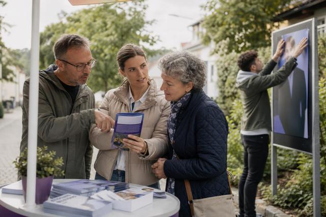 Zwei Wahlkampfhelfer erläutern einer Bürgerin einen Flyer, während ein weiterer Helfer ein Plakat anbringt.