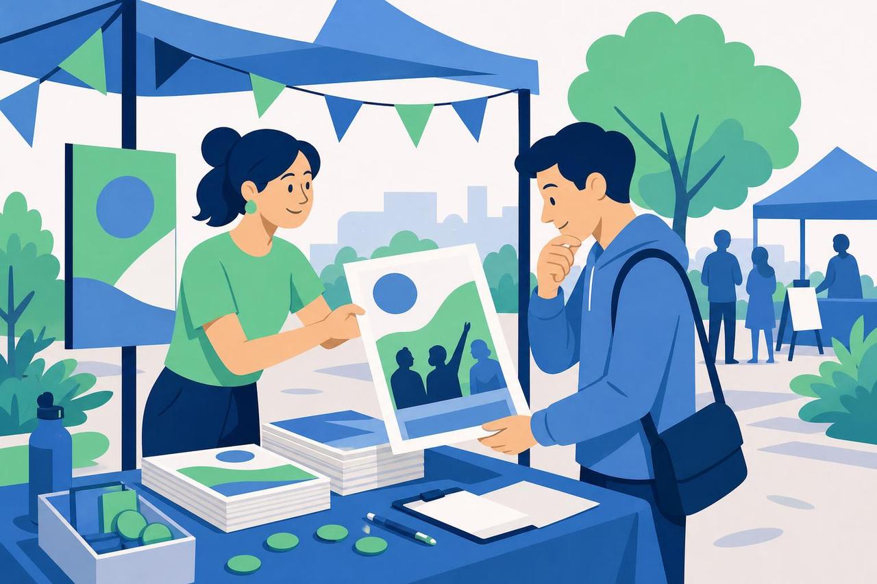 Illustration: Organisatorin übergibt am Infostand einen Plakatentwurf zur Prüfung vor der Veröffentlichung.