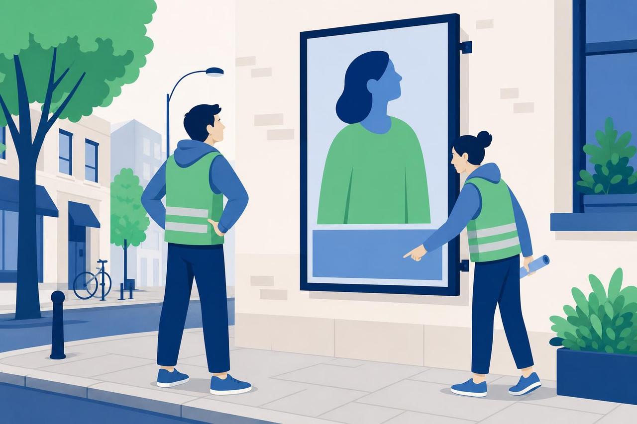 Illustration: Zwei Ehrenamtliche prüfen auf dem Gehweg die Sichtbarkeit der Kennzeichnung eines Wahlplakats.