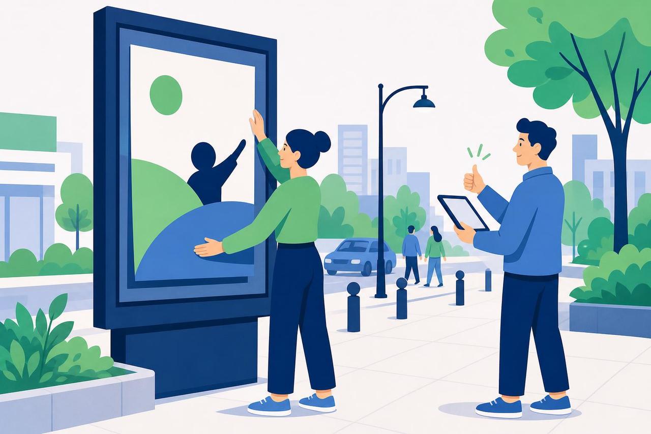 Illustration: Zwei Teammitglieder prüfen einen Plakatentwurf vor der Freigabe an einer Außenwerbefläche.