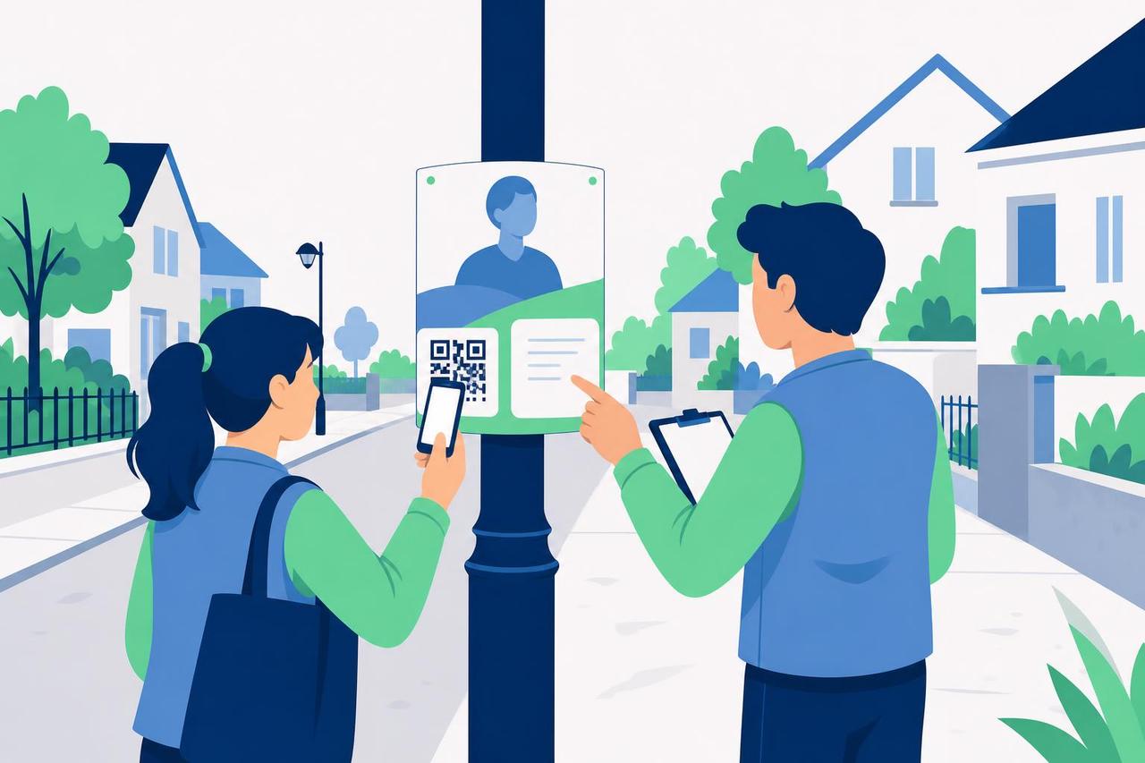 Illustration: Eine Ehrenamtliche scannt den QR-Code eines Wahlplakats, während ihr Kollege die Kennzeichnung prüft.