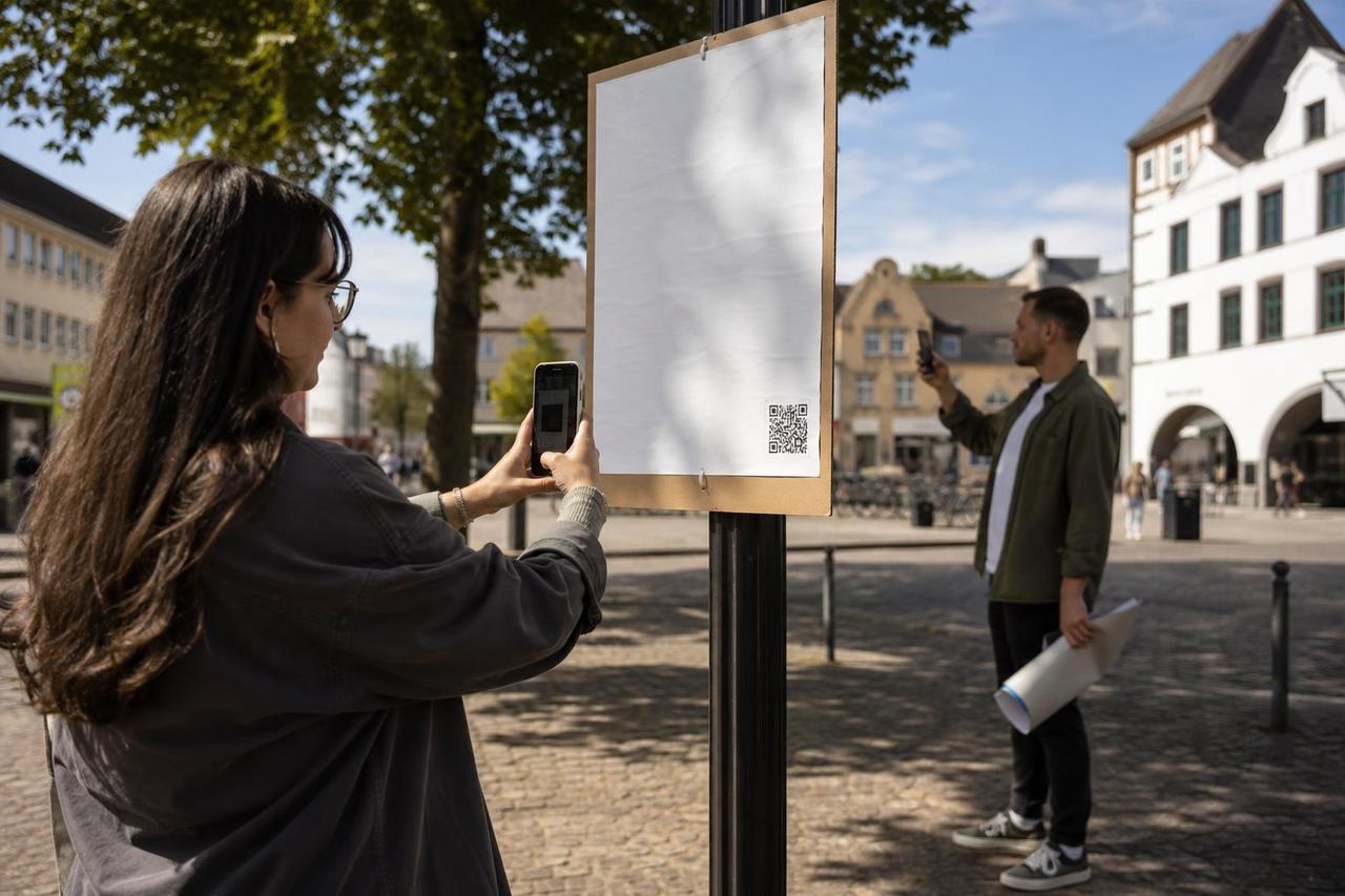 Zwei Ehrenamtliche testen einen Plakat-QR-Code mit verschiedenen Smartphones und Abständen.