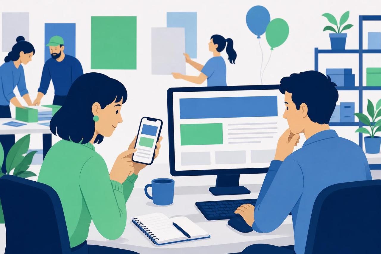Illustration: Eine Webredakteurin und ein Kollege vergleichen die Transparenzseite auf Smartphone und Monitor.