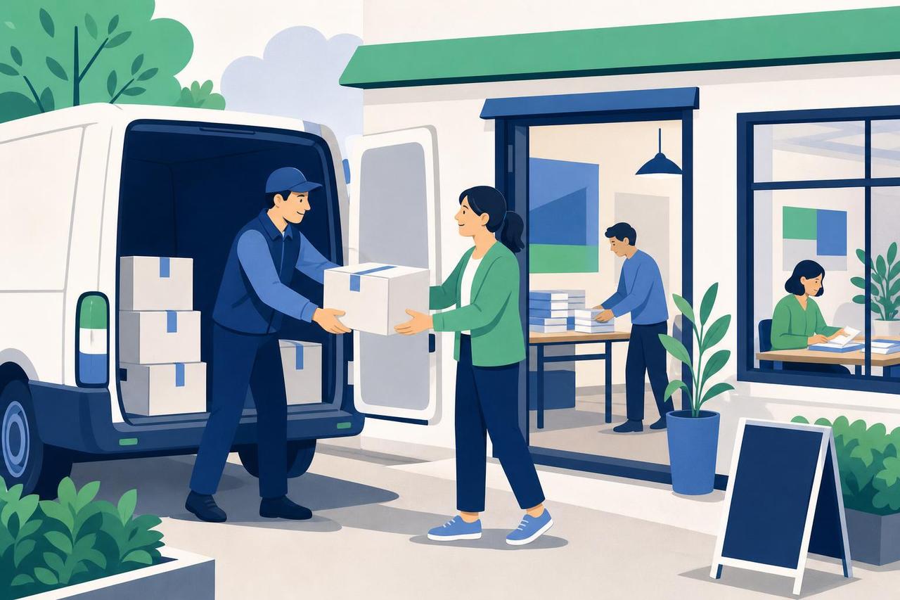 Illustration: Ein Lieferant übergibt vor einem Kampagnenbüro Kartons mit Flyern an eine Koordinatorin.
