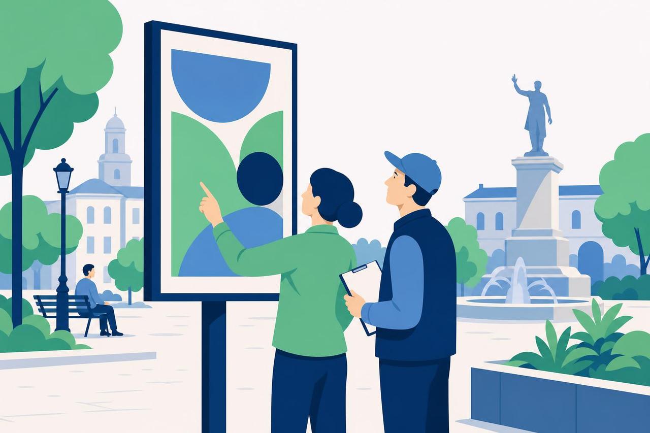 Illustration: Kampagnenkoordinatorin und Agenturmitarbeiter prüfen die Platzierung eines Wahlplakats auf einem Platz.