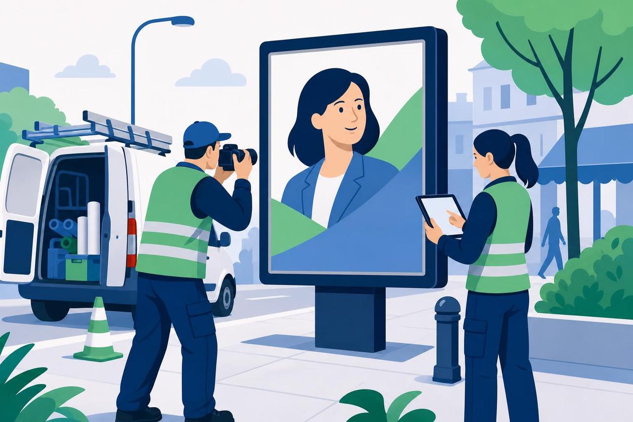 Illustration: Ein Außenwerber fotografiert ein angebrachtes Wahlplakat, eine Kollegin prüft die Platzierung am Tablet.