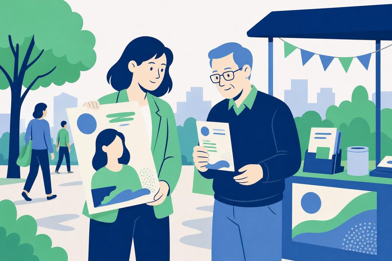 Illustration: Eine Kandidatin und ein Parteikassierer vergleichen am Infostand ein Wahlplakat mit einem Zahlungsbeleg.