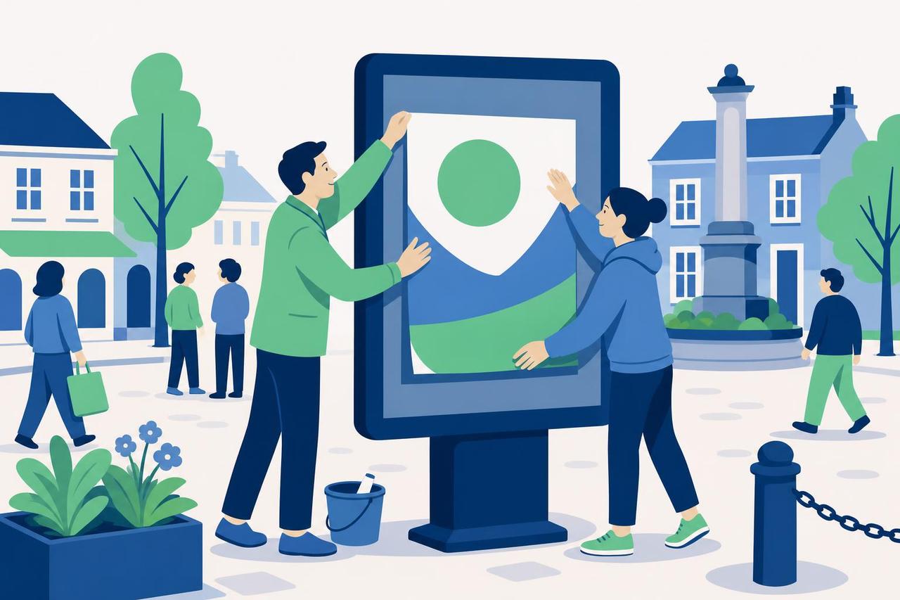 Illustration: Eine Kandidatin und ein Ehrenamtlicher befestigen ein Wahlplakat auf einem Marktplatz.