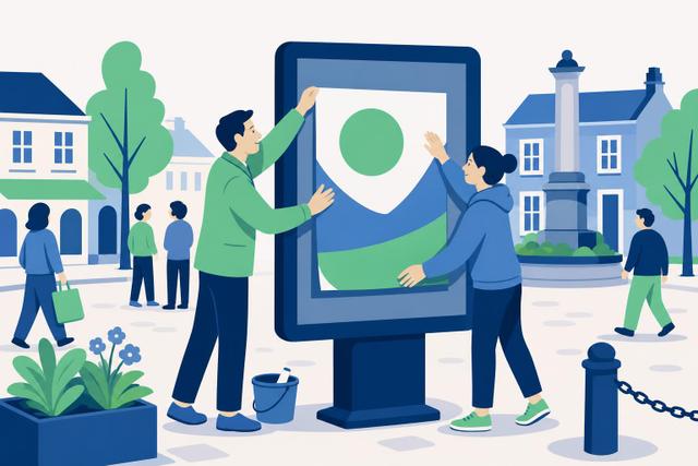 Illustration: Eine Kandidatin und ein Ehrenamtlicher befestigen ein Wahlplakat auf einem Marktplatz.
