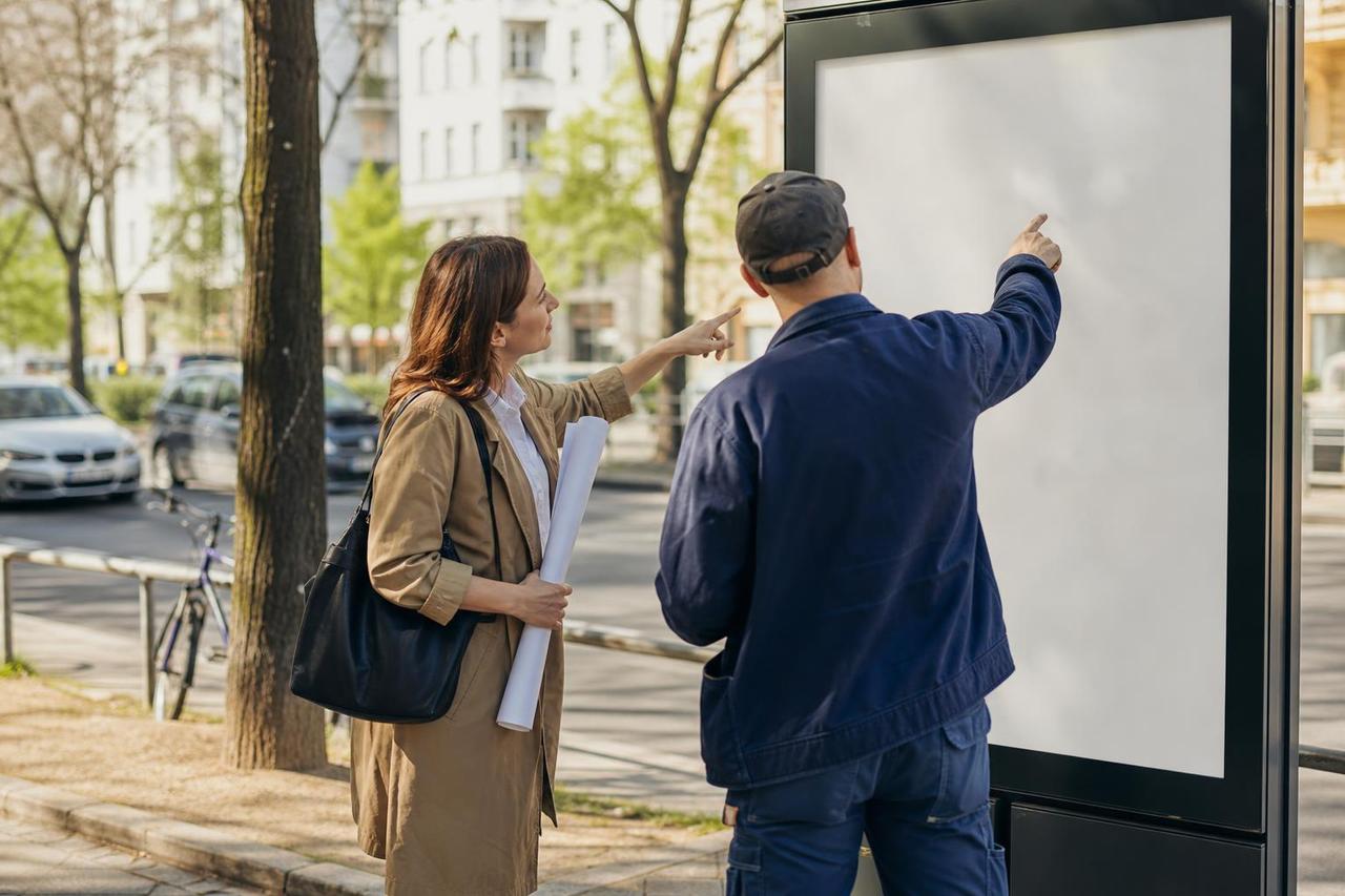 Eine Wahlkampfkoordinatorin und ein Außenwerber prüfen die vorgesehene Anzeigenfläche auf dem Gehweg.