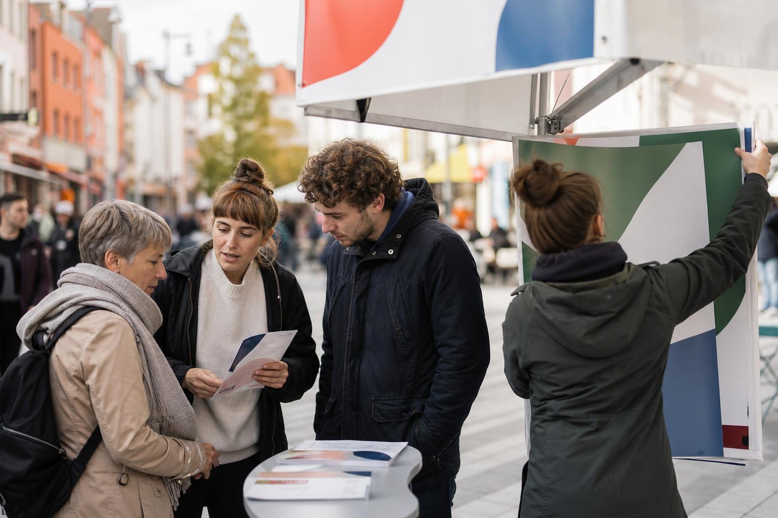 Zwei Kampagnenhelfer besprechen einen Flyer mit einem Passanten, während ein weiterer ein Plakat befestigt.