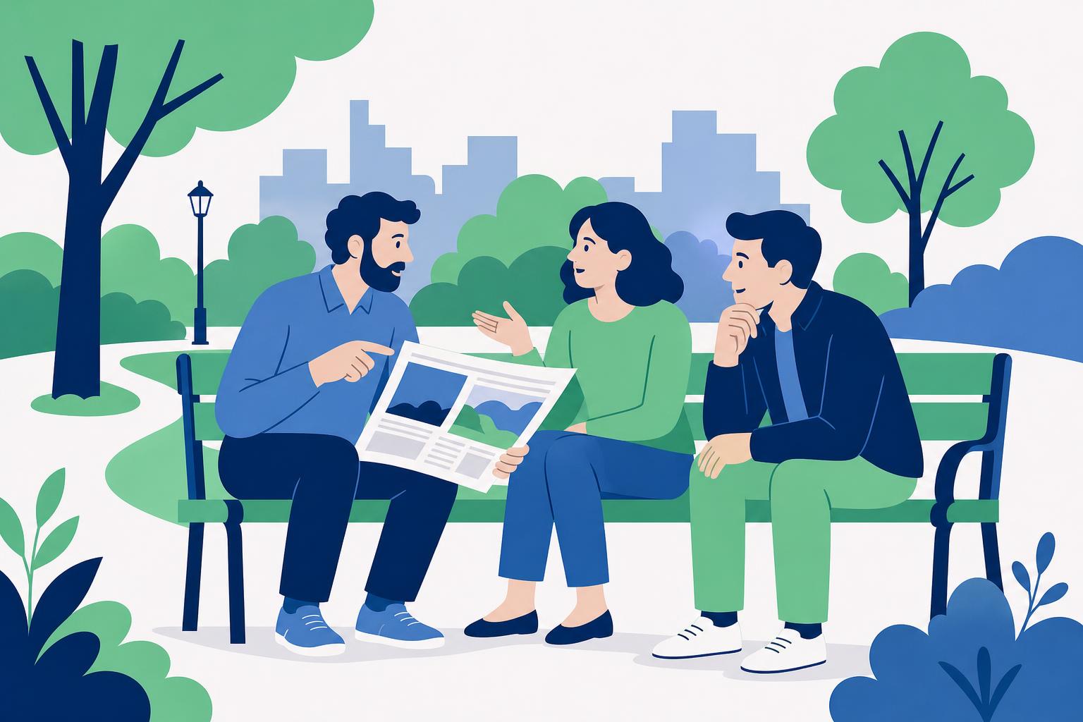 Illustration: Zwei Nachbarn diskutieren auf einer Parkbank über Politik, eine dritte Person hört zu.