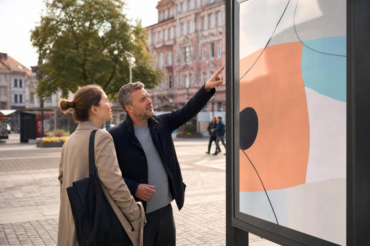 Ein Außenwerber und eine Kampagnenkoordinatorin prüfen eine Plakatinstallation auf einem Stadtplatz.