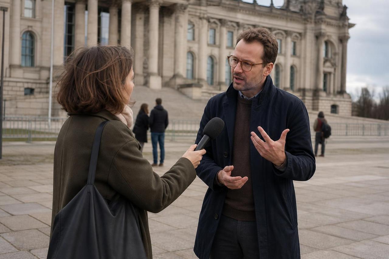Eine Journalistin interviewt einen Politikforscher vor einem Parlamentsgebäude.