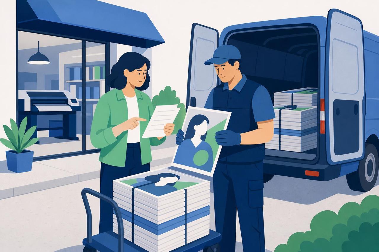 Illustration: Wahlkampfleiterin und Lieferant prüfen gelieferte Plakatbündel vor einer Druckerei.