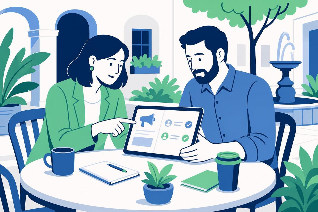 Illustration: Ein Lokalportalbetreiber und eine Kampagnenkoordinatorin stimmen die Veröffentlichung einer Online-Anzeige ab.