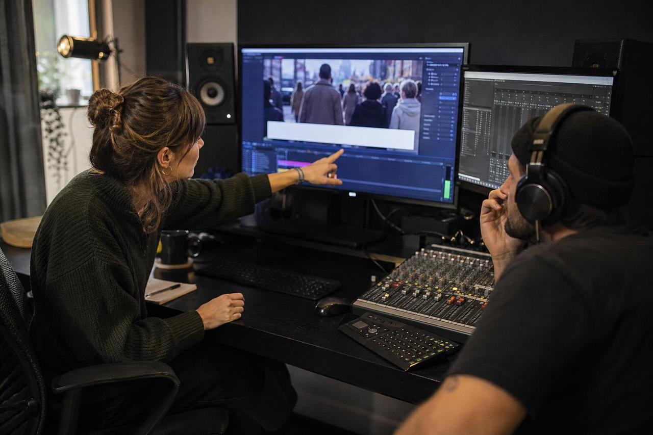 Eine Videoeditorin und ein Audioproduzent kontrollieren die Kennzeichnung einer politischen Anzeige.