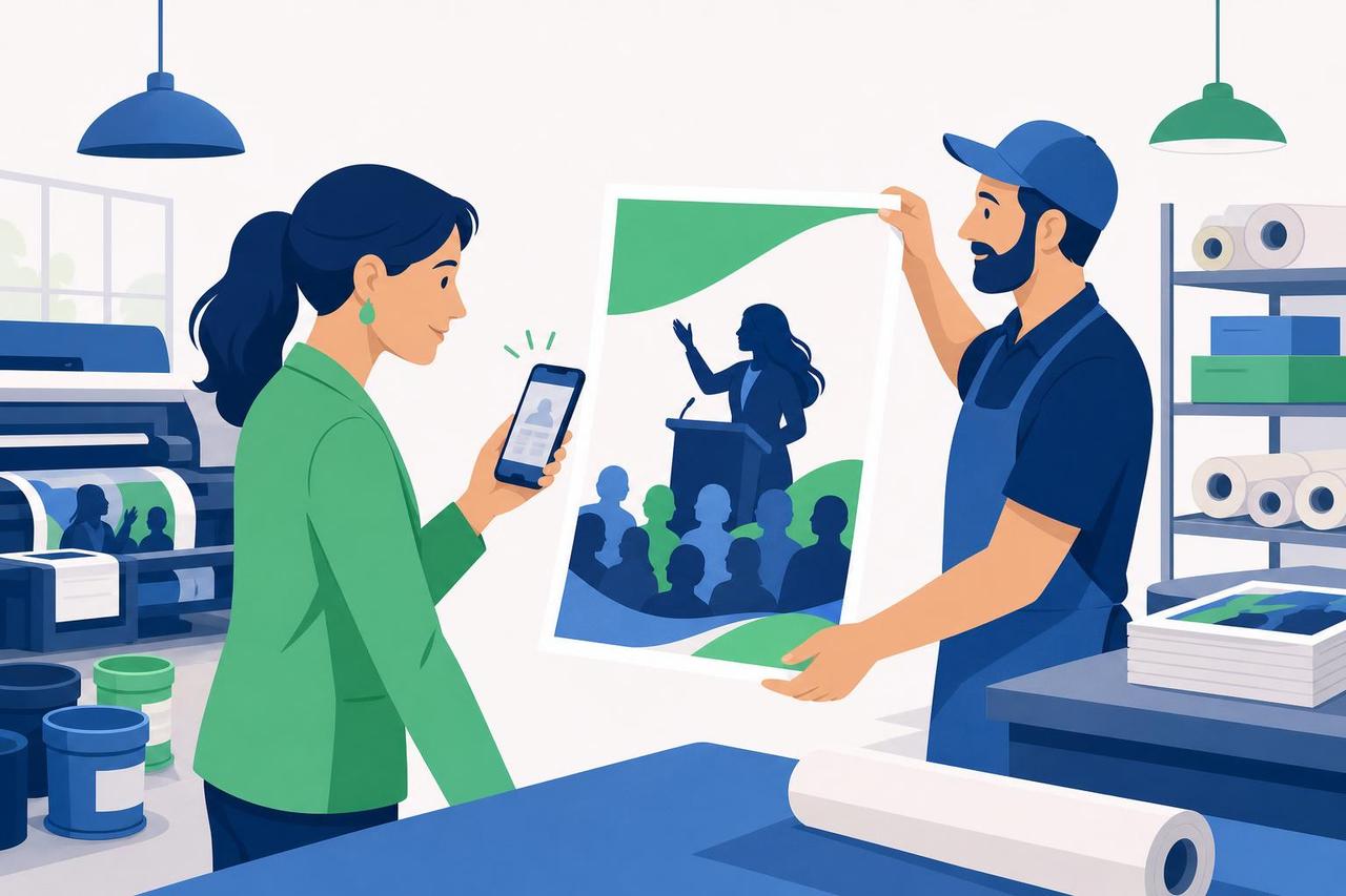 Illustration: Eine Wahlkampfkoordinatorin testet in der Druckerei den Zugang zu Transparenzangaben am fertigen Plakat.