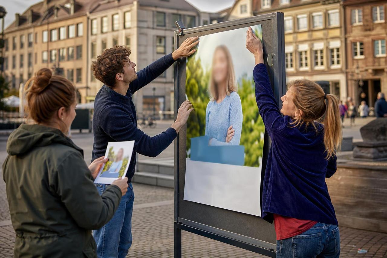 Drei Wahlkampfhelfer bringen auf einem Marktplatz ein Plakat an und prüfen dessen Gestaltung.