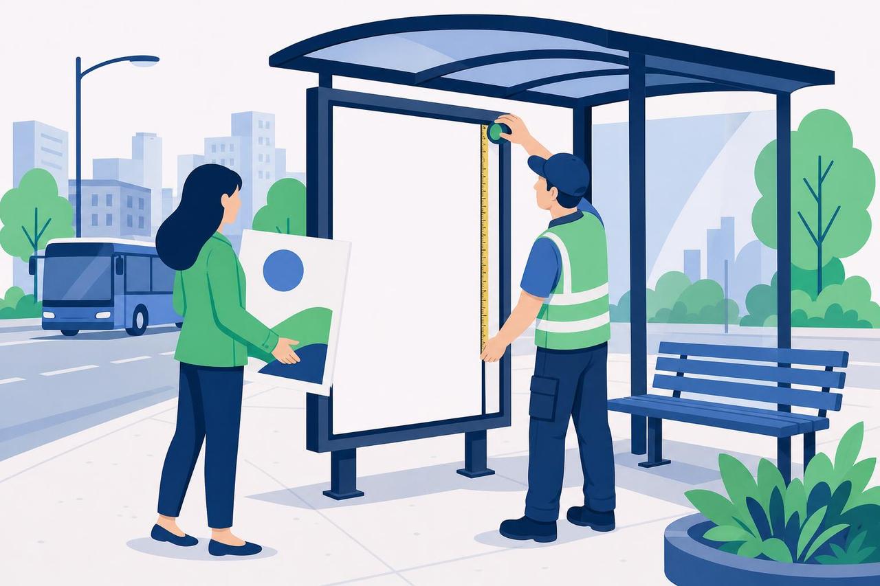 Illustration: Eine Kampagnenkoordinatorin prüft mit einem Monteur einen Plakatrahmen an einer Bushaltestelle.